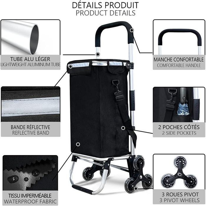 Алюмінієвий візок для покупок зі сходами, складаний, з гачком-поршнем, 6 коліс та термосумкою, водонепроникний, 58л, Чорний