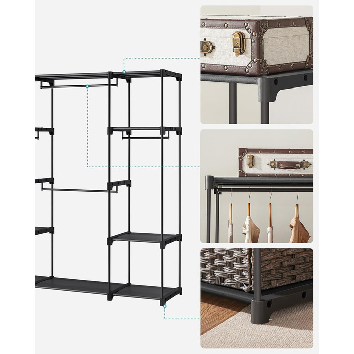 Відкрита шафа, Вішалка для одягу, Штанга для одягу, Шафа, 43 x 151 x 166 см, 4 підвісні полиці, Багато місця, для спальні, вітальні, Чорний RYG036B02