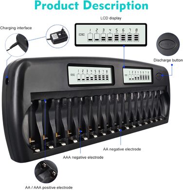 Швидкий зарядний пристрій CITYORK - інтегрований захист із РК-дисплеєм - для нікель-металгідридних акумуляторів типу AA AAA, включаючи 16 нікель-металгідридних акумуляторів типу AA 3000 мАг, корпус для акумулятора