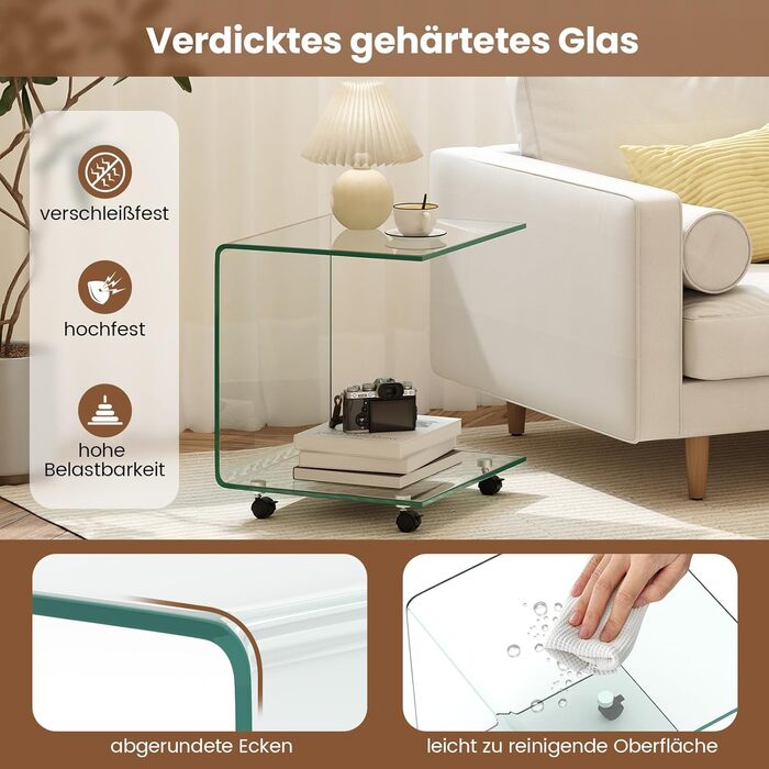 Журнальний столик COSTWAY із загартованого скла з колесами, С-подібний скляний стіл, тумбочка, столик для дивана, журнальний столик для вітальні, спальні, 45 x 40 x 48 см (прозорий) маленький (з колесами) прозорий 1