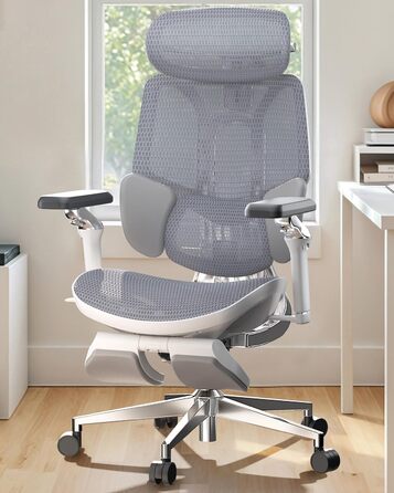 Ультраергономічне офісне крісло Hbada E3, велике та високе офісне крісло з 3-зонною динамічною поперековою підтримкою, механічними підлокітниками на 360, регульованим підголівником у 4 напрямках, сіре