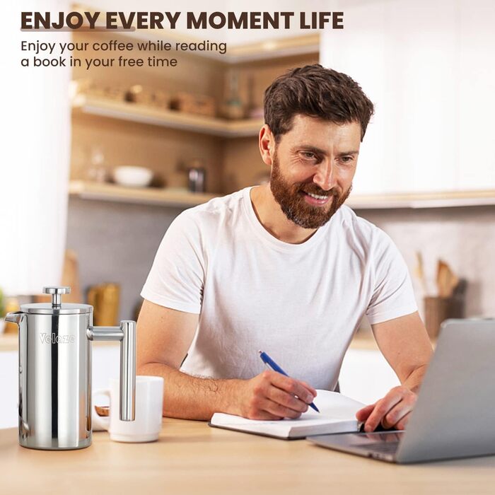 Кавоварка з нержавіючої сталі френч-прес Velaze, кавоварка 350 мл на 2-3 чашки, французький кавоварський прес з подвійними стінками, елегантний дизайн, кавник з 5 фільтрами з нержавіючої сталі та 1 ложкою 350 мл