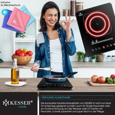 Індукційна варильна поверхня KESSER Індукційна варильна поверхня 1 тарілка 2100 Вт портативна 28 см 3 тканини з мікрофібри книга рецептів, 9 налаштувань нагріву, 8-годинний таймер, сенсорне керування, функція бустера 220-240 В Конфорки - 1
