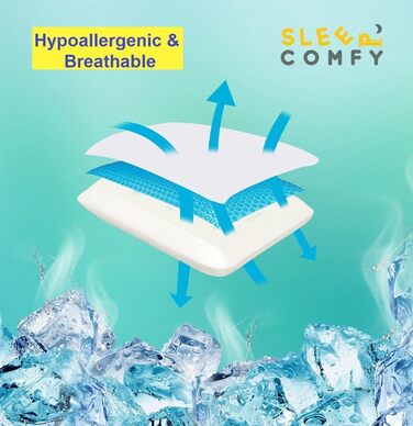 Подушка SLEEP COMFY преміум-класу з гелевої піни з ефектом пам&39яті ортопедична підтримка шиї, сертифікована Oeko-Tex, технологія охолоджувального гелю для всіх положень сну (комфорт влітку та взимку) з ефектом пам&39яті 60x40x13