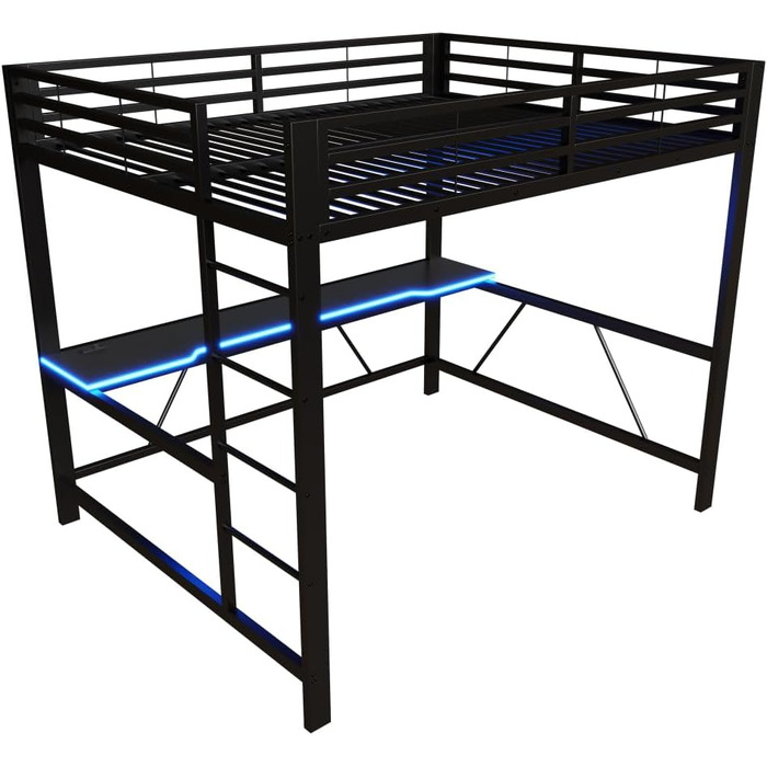 Каркас ігрового ліжка-горища з письмовим столом та світлодіодним підсвічуванням, USB-станція для зарядки, металевий каркас 160x200 см, чорний