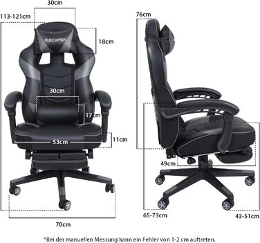 Ігрове крісло Fullwatt, ергономічне офісне крісло для гонок з функцією масажу, підставка для ніг, регульована спинка 90-150, знімний підголівник та поперекова опора, шкіра штучна, сірий та чорний, для дорослих