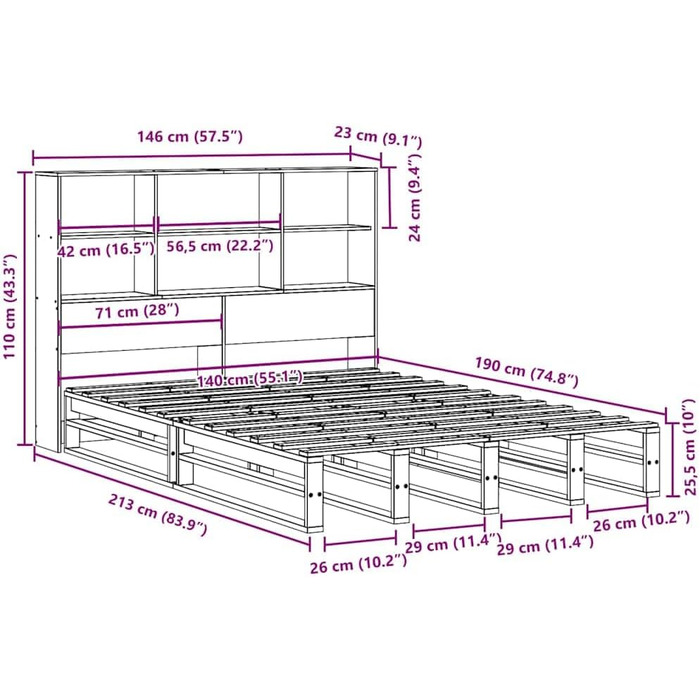 Ліжко vidaXL з масиву дерева, ліжко з книжковою полицею (матрац не входить до комплекту), дерев&39яний каркас ліжка з рейковою основою, ліжко з палет, двоспальне ліжко для спальні, 140x190 см, коричневий колір.