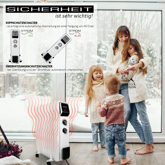 Масляний радіатор 2500 Вт з 3 режимами нагріву Термостат 11-реберний електричний нагрівальний елемент Енергозберігаючий масляний радіатор Захист від перегріву Електричний нагрівач Режим ECO 1000 1500 (чорний)