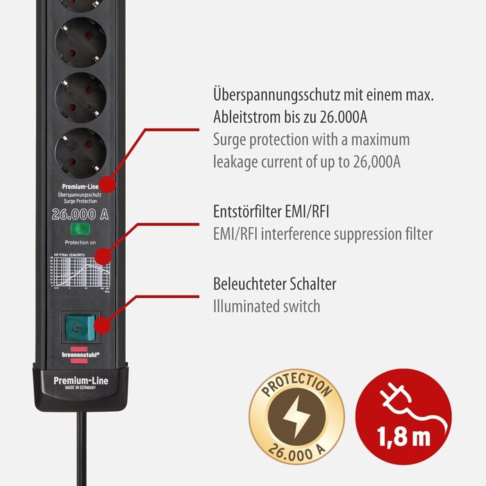 Розетка Brennenstuhl Premium-Line 6-місна із захистом від перенапруги до 26 000 А (розетка з кабелем 1,8 м і вимикачем, настінна р