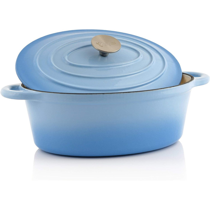 Чавунна кокотниця BBQ-Toro 4,3 л синя, овальна емальована чавунна сковорідка з кришкою чавунна каструля, підходить для індукційних