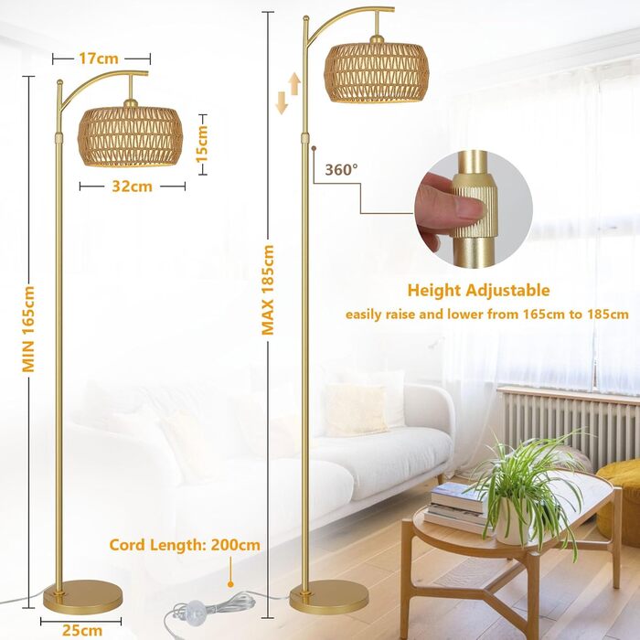 Торшер для вітальні з можливістю затемнення променів, торшер з ротанга з пультом дистанційного керування, керування додатком, торшер у стилі бохо з абажуром з ротанга та льону, вінтажний торшер для спальні (стиль золотого ротанга 1)