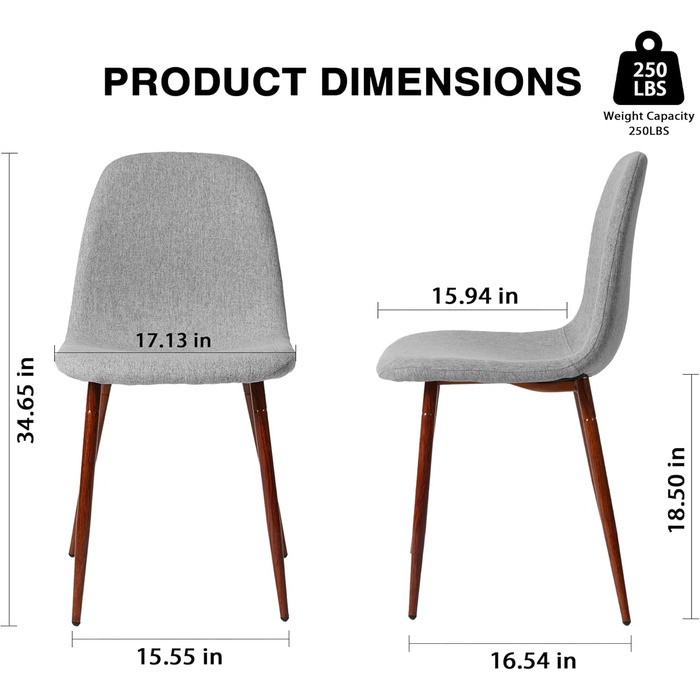 Набір із 4 обідніх стільців CangLong у ретро-стилі з м&39якою оббивкою для кухні та їдальні, сучасний тканинний обідній стілець з металевими ніжками, сірий