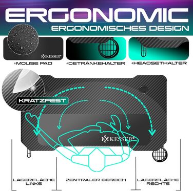 Ігровий стіл KESSER зі світлодіодним освітленням, 120 см x 60 см Z-подібний ігровий стіл Кріплення для навушників та покриття з вуглецевого волокна Ергономічний комп&39ютерний стіл Міцний стіл з підсклянником, чорний, 120 x 60 см, вуглецеве волокно зі сві