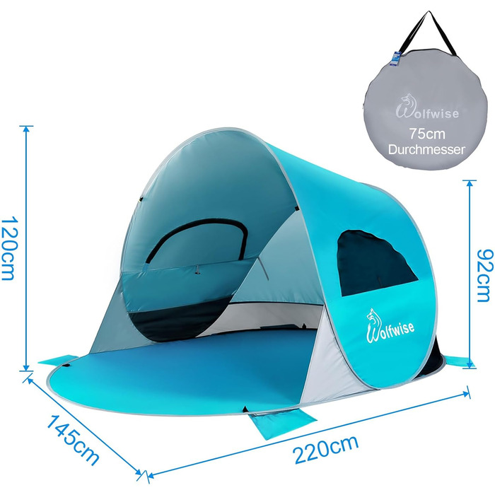 Пляжний намет WolfWise Pop-Up для 3-4 осіб, миттєве встановлення, захист від ультрафіолету 50, водовідштовхувальний, вентильований, стійкий до розривів, з сумкою для перенесення та кишенями для піску, покриття синього/м&39ятно-зеленого/бежевого/чорного ко