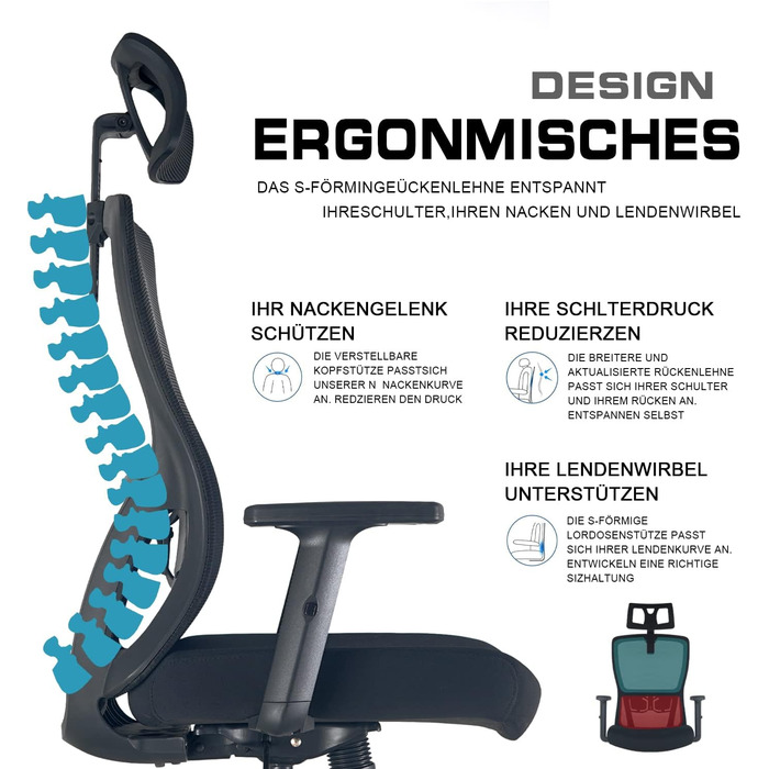 Ергономічне офісне крісло, стілець для роботи, офісне крісло з підголівником, підлокітниками, поперековою опорою, регулюванням висоти, гойданням 90-120, обертовим кріслом, вантажопідйомність 150 кг 01