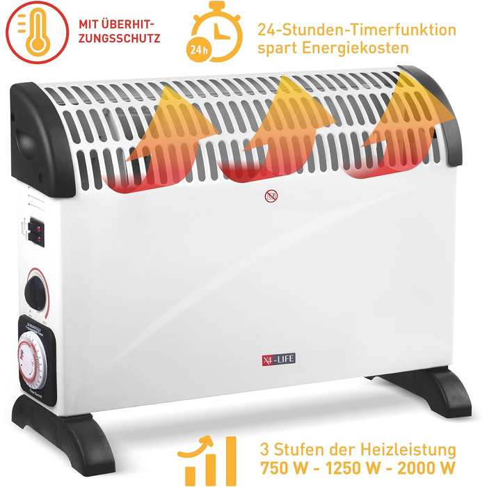 Конвектор X4-LIFE 2000 Вт з 24-годинним таймером, електричний обігрівач, економить витрати на електроенергію, захист від перегріву з індикатором, 3 режими нагріву від 750 Вт, обігріває площу до 25 м, портативний обігрівач з ручками для перенесення