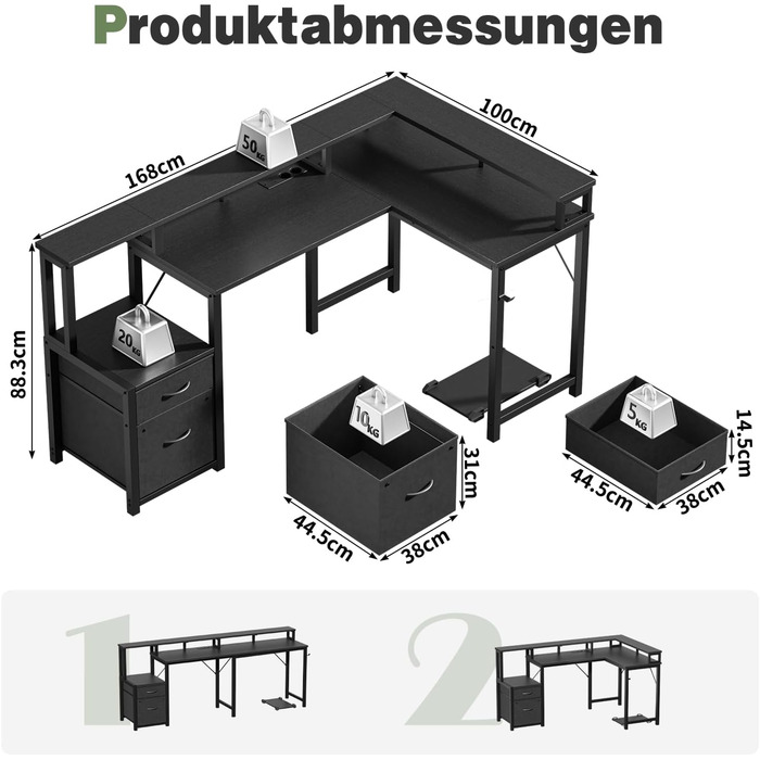 Кутовий письмовий стіл YOUDENOVA з шухлядами, L-подібний, 168x100 см, ігровий стіл зі світлодіодним підсвічуванням, комп&39ютерний стіл з розеткою та портом зарядки USB, офісний стіл, чорний, 168*100*88,5 см
