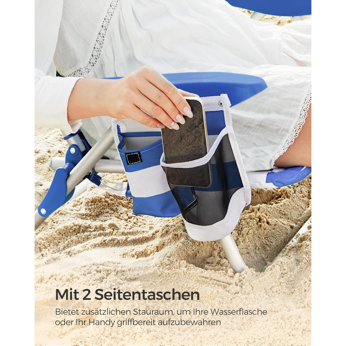 Пляжне крісло SONGMICS, кемпінгове крісло, складне, з плечовим ременем, регульованою спинкою, підголівником, підлокітником, 2 бічними кишенями, синьо-біле GCB62BU синій білий.