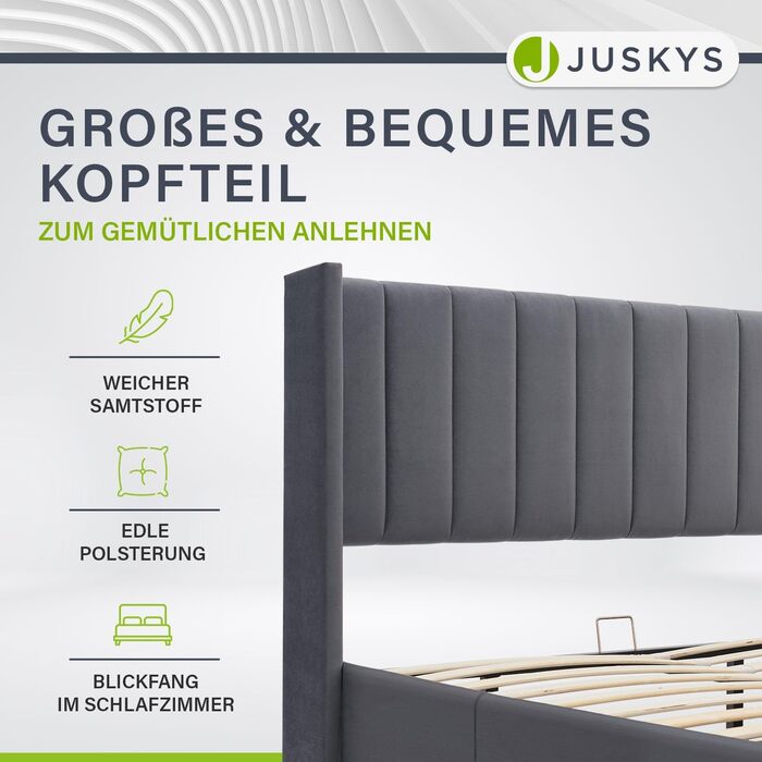 Ліжко Juskys Savona з м&39якою поверхнею 120x200 см, ліжко з місцем для зберігання, рейкова основа, оксамитовий чохол, дерев&39яний каркас ліжка, до 250 кг, велике узголів&39я, темно-сірий колір 120 x 200 см