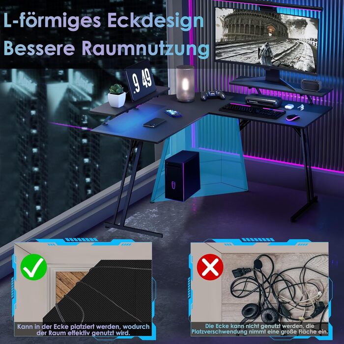 Ігровий стіл UISEBRT L-подібної форми 120 x 120 см з підставкою для монітора, ергономічний великий комп&39ютерний стіл з вуглецевого волокна, кутовий стіл для домашнього офісу - чорний