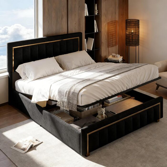 М&39яке ліжко 140x200 з місцем для зберігання, гідравлічне ліжко з місцем для зберігання, двоспальне ліжко з узголів&39ям, каркас ліжка з рейковою основою, каркас ліжка для дорослих, оксамит (чорний, 140 x 200 см) Black-c 140 x 200 см