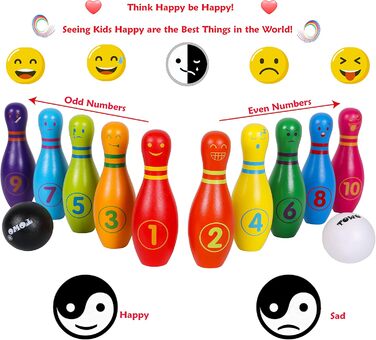 Дерев&39яна іграшка для боулінгу для дітей - Великий набір для боулінгу для дітей з обличчями та цифрами - Набір для боулінгу з 10 кеглями та 2 дерев&39яними кулями для боулінгу - Дерев&39яна іграшка для 2-річних малюків