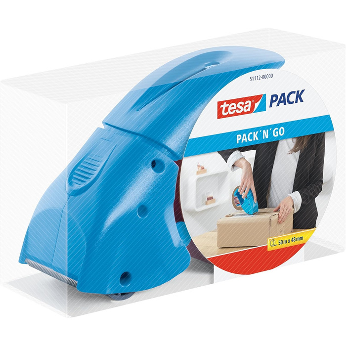 Пакувальна стрічка Ручний дозатор Pack 'n Go, синій, в т.ч. 1 рулон tesapack PP коричневого кольору, 50 м 50 мм ( 6 рулонів прозорих) (Синій, в комплекті з клейкими стрічками з ПВХ)