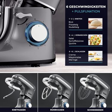 Кухонний комбайн Fentic - 2000 Вт - Чаша для змішування з нержавіючої сталі (6.2 л) - Тістомісильна машина з гачком для змішування, гачком для тіста, віночком і захистом від бризок - включаючи захисний чохол і додаткові аксесуари - Антрацит