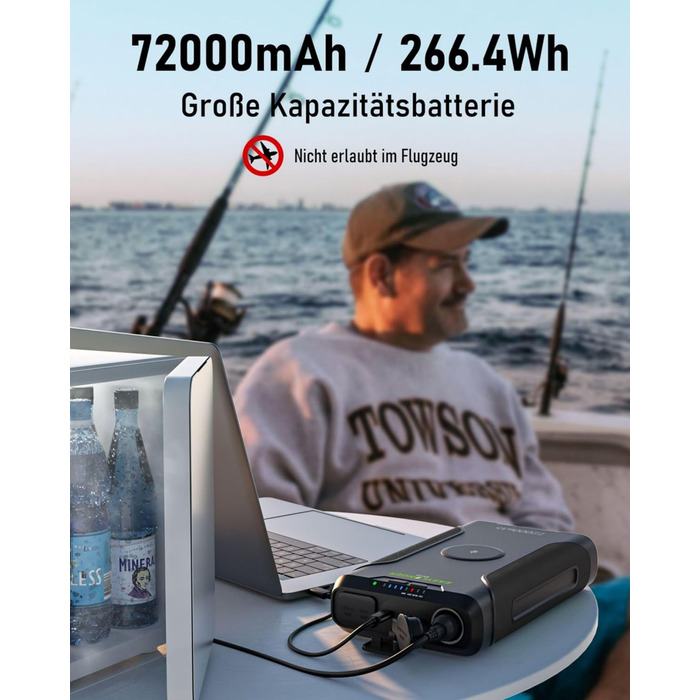 Портативна електростанція EASYLONGER ES720 для риболовлі 72000mAh/266.4Wh Резервний акумулятор 12V 24V Регульований вихід постійного струму Бездротовий зарядний пристрій Акумуляторний блок для кемпінгу та надзвичайних ситуацій на свіжому повітрі, GP14