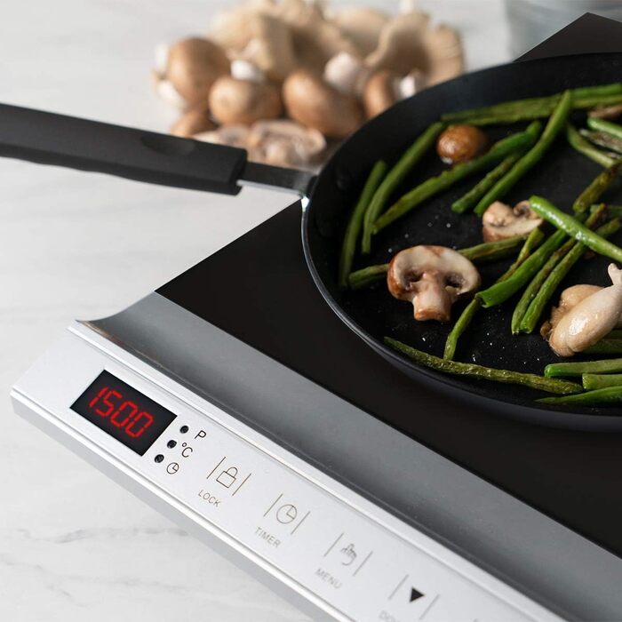 Подвійна індукційна плита Navaris 3500 Вт - 2 варильні поверхні з таймером Сенсорний дисплей Виявлення горщика - Портативна індукційна плита - Чорна