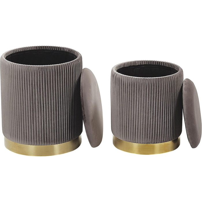 Круглий пуф у комплекті з 2 шт. , виготовлений з сірого оксамиту, пуф-отоманка з сидінням, рифлений дизайн, Miramar