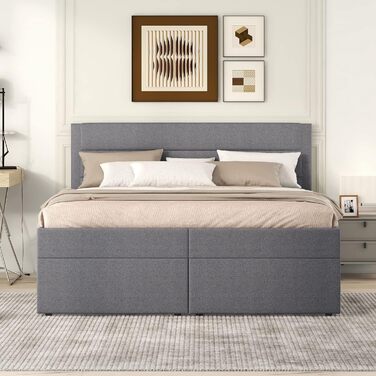 Ліжко з пружинним блоком 140x200 з ящиком для зберігання речей, м&39яке двоспальне ліжко з рейковим каркасом, ліжко, ліжка, каркас ліжка з місцем для зберігання речей, повний спальний гарнітур, ліжко з місцем для зберігання речей (сіре, двоспальне ліжко 1