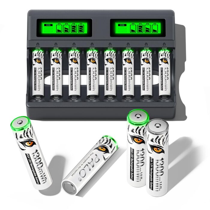 Акумуляторних літієвих батарейок AAA із зарядним пристроєм, 8 слотів USB-C Type-C, незалежна зарядка, РК-дисплей, інтелектуальна швидка зарядка для батарейок AAA, акумуляторні батарейки 1,5 В, зарядний пристрій AAA 8 батарейок AAA, 8