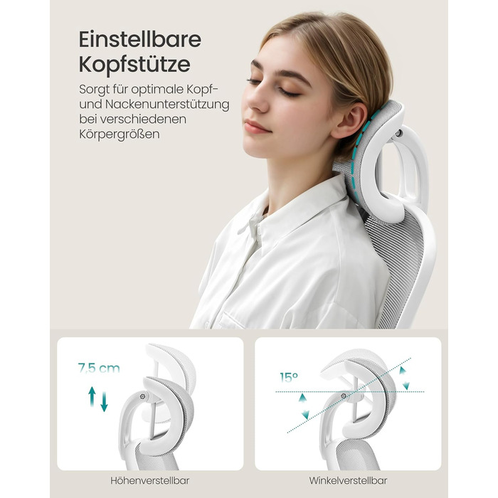 Ергономічне офісне крісло SONGMICS, обертове крісло з сіткою, поперековим відділом хребта та підголівником, функція гойдання, розмір сидіння 53 см, складні підлокітники, для роботи та спальні, для студентів, колір голубий сірий OBN047G01