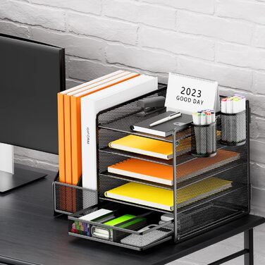 Настільний органайзер з тримачами для файлів, 5-рівневий органайзер для паперів з шухлядою та 2 тримачами для ручок, сітчастий настільний органайзер для файлів з тримачем для журналів для офісу, 5-рівневий настільний органайзер, чорний, з шухлядою та 2 тр