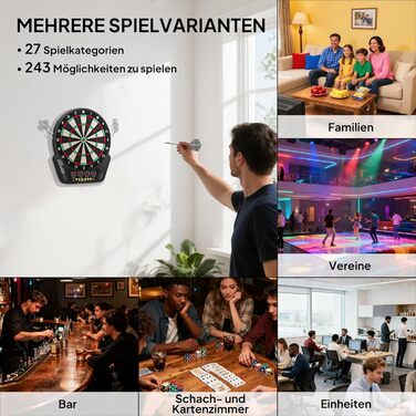 Набір електронних дротиків HOMCOM зі світлодіодним дисплеєм, автоматичним підрахунком очок, звуковими ефектами, 6 дротиків, 24 головки для дротиків, 27 ігор та 243 варіантами влучань для 16 гравців, 44 x 51,5 x 3,2 см