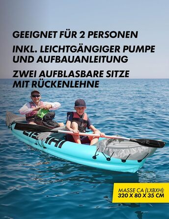 Надувний каяк Flow для 2 осіб міцний ПВХ-матеріал, включає два весла, насос, ремкомплект та інструкцію зі складання ідеально підходить для озер та річок, синього кольору