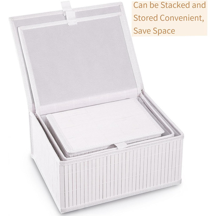 Біла скринька для зберігання Honygebia з кришкою декоративний бамбуковий кошик для зберігання, набір із 3 ротангових кошиків з кришками та тканими тканинними підкладками для ванної кімнати, кухні та організації полиць (великий/середній/малий)