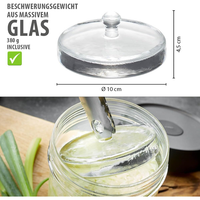 Банка для бродіння GEFU NATIVO 1 літр, включаючи вагу, банка для бродіння з вагою та кришкою, прозора, для маринування, бродіння 1 літр (без товкача та щипців)
