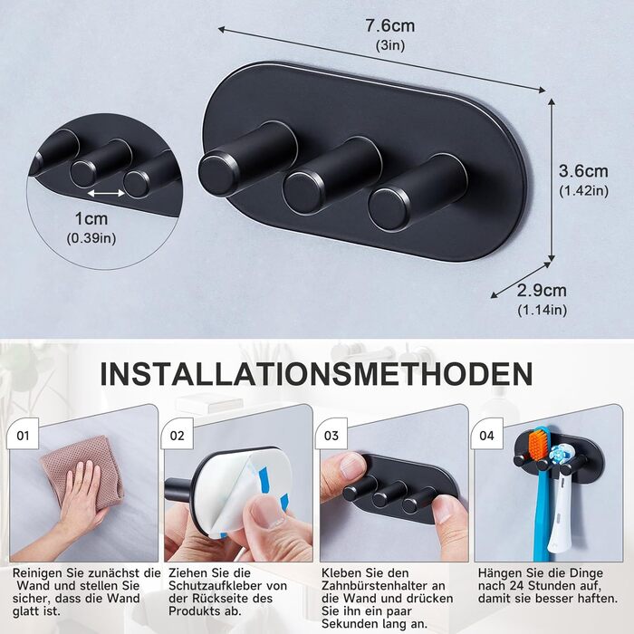 Тримач для зубної щітки Настінний без свердління Тримач для електричної зубної щітки, Тримач для головки щітки з нержавіючої сталі, Самоклеючий тримач для зубної щітки Тримач для головки для зубної щітки для зберігання у ванній кімнаті, чорний