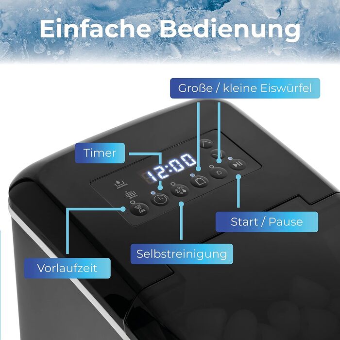 Машина для приготування кубиків льоду KLAMER (2024), 10 кубиків льоду за 7-9 хвилин, 15 кг кубиків льоду на день, 2 розміри кубиків льоду, резервуар для води 2,1 л, льодогенератор 120 Вт з таймером, тихий льодогенератор з лопатою для льоду Black