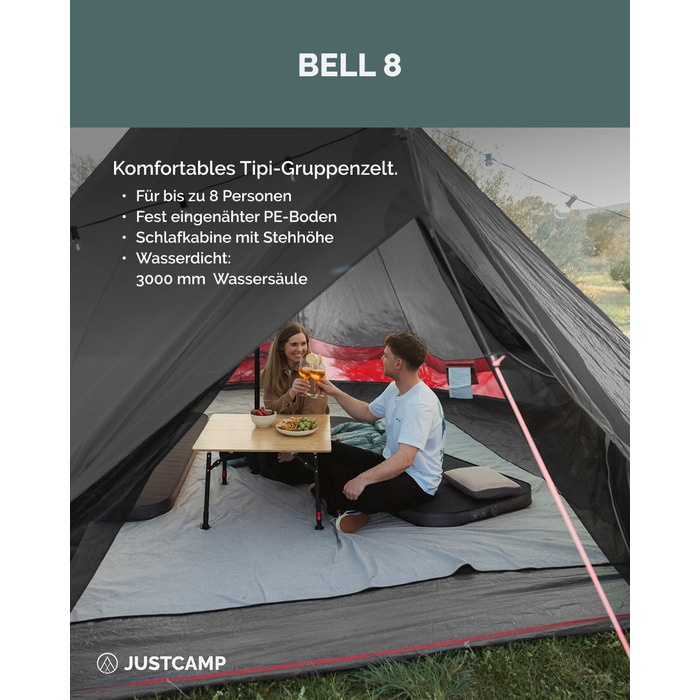 Намет JUSTCAMP Bell Tipi для сімей та груп - 4 розміри (4-12 осіб) - Водонепроникний (3000 мм) - Висота стоячи - 2 кольори (сірий, м&39ятний) 8 осіб - Сірий