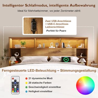 Двоспальне ліжко ANIROY, дерев&39яне ліжко 180x200 см, гідравлічне ліжко з місцем для зберігання речей та узголів&39ям, узголів&39я для зберігання речей зі світлодіодним підсвічуванням та портом USB-C, каркас ліжка System з рейковою основою, матрац не вхо