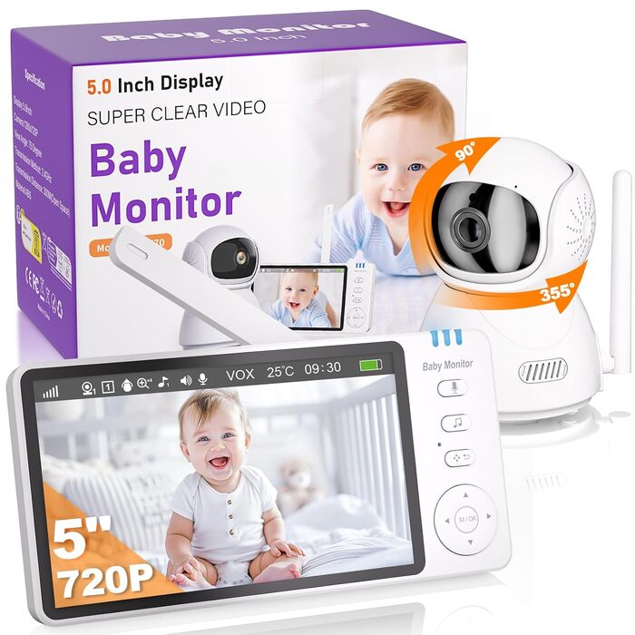 Монітор для дітей з камерою 5 дюймів 720p HD Відео Монітор для дітей Нічне бачення Режим VOX Двосторонній аудіо Моніторинг темпера