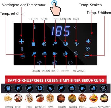 Фритюрниця PRIJESSE 12 л, багатофункціональна фритюрниця з гарячим повітрям, фритюрниця 1800 Вт зі світлодіодним сенсорним екраном, 10 програм, підтримка тепла та функція дегідратора, включаючи брошуру з рецептами та аксесуари 12 л Вертикальний екран