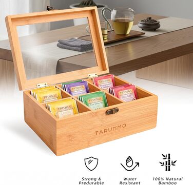 Чайна коробка, бамбук, 6 відділень, чайна скринька з оглядовим віконцем, органайзер для чайних пакетиків, ВxШxГ приблизно 22 x 16 x 9 см, натуральний колір, (1-221609)