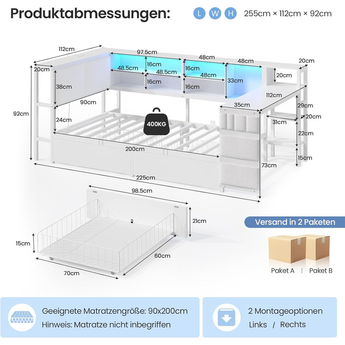 Диван-ліжко зі світлодіодним освітленням та зарядною станцією, дитяче ліжко 90x200 см зі столиком 35x112 см та двома великими шухлядами, ліжко 90x200 з кушеткою та м&39яким узголів&39ям, білий колір