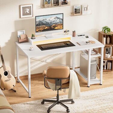 Ігровий стіл, ігровий стіл зі світлодіодним освітленням та розетками, комп&39ютерний стіл з USB-портами, ігровий стіл для ПК з підставкою для монітора, сучасний офісний/навчальний стіл для офісу та ігрової кімнати, білий