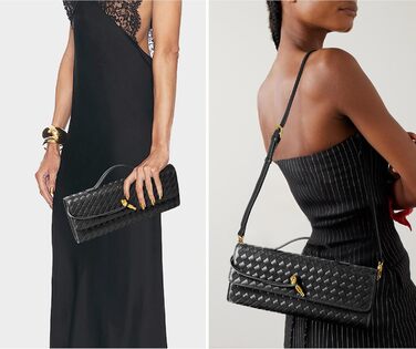 Плетений гаманець для жінок, вечірня сумочка, клатч, плетена шкіра, сумка через плече, офіційна вечірня сумка. Чорна плетена шкіра та замша.