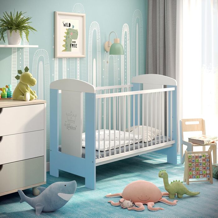 Дитяче ліжко LCP Kids 60x120 см біло-блакитне з матрацом, що регулюється по висоті в трьох напрямках, і 3 перекладинами 125L x 65W